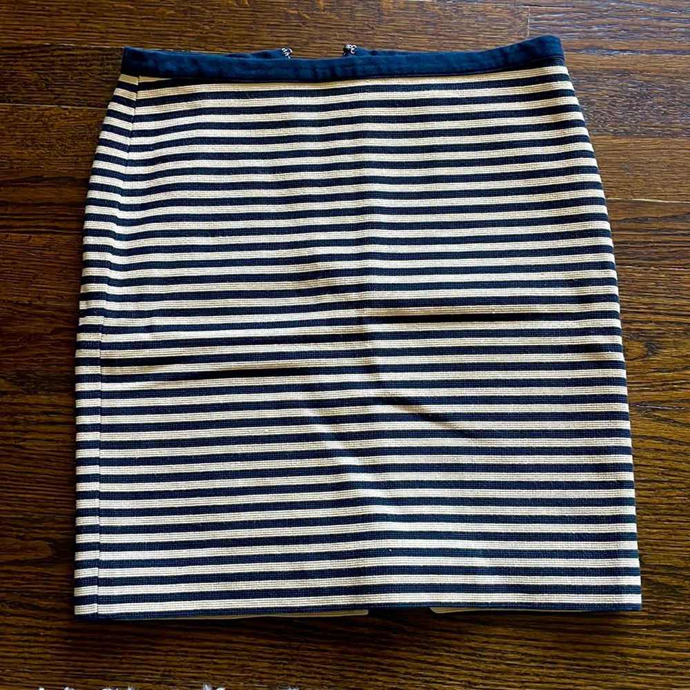 LOFT Navy Blue and Cream Textured Striped Pencil Work Skirt